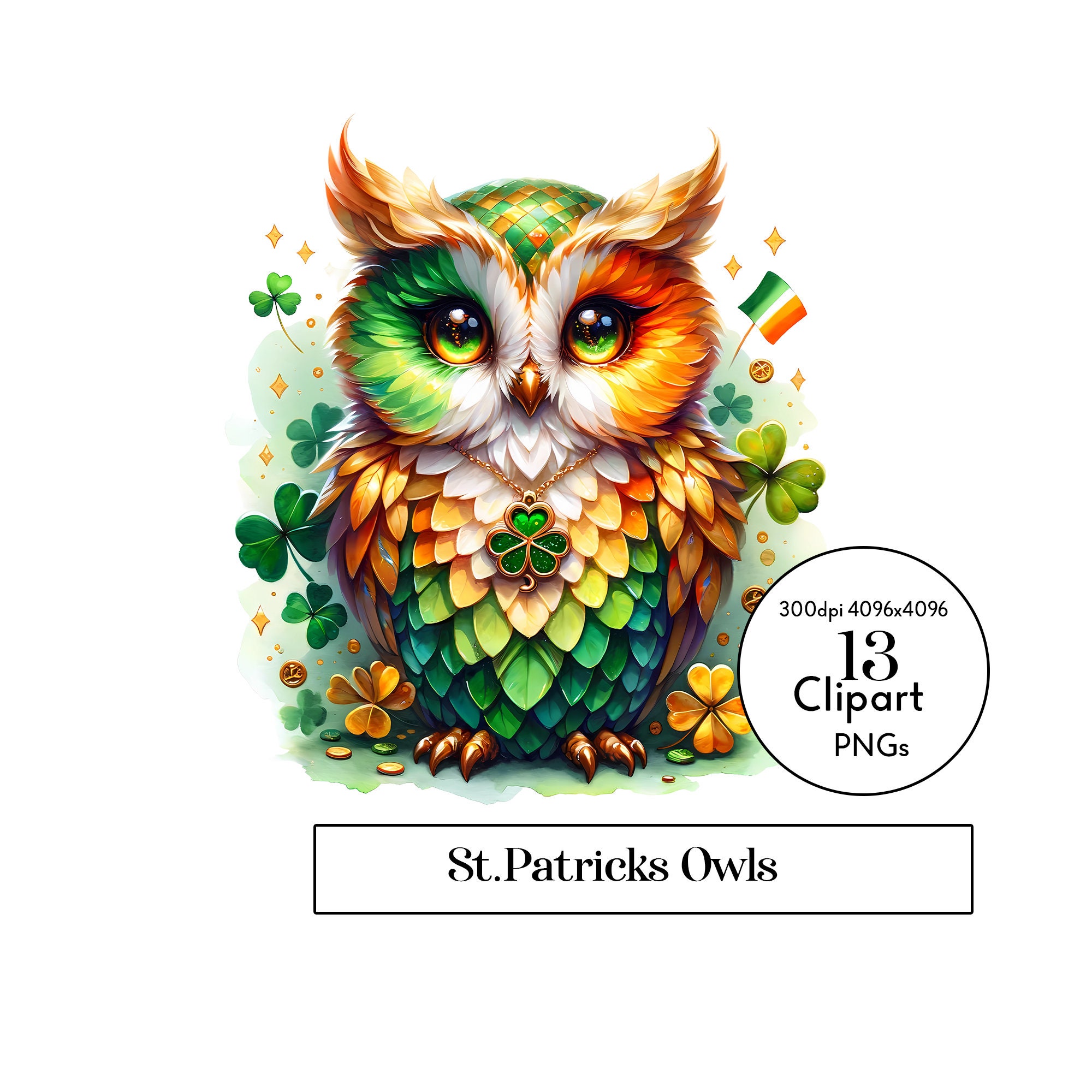 Whimsical St. Patrick's Day Owls: 13 PNGs Watercolor Clipart for Festive Holiday Designs, cards,