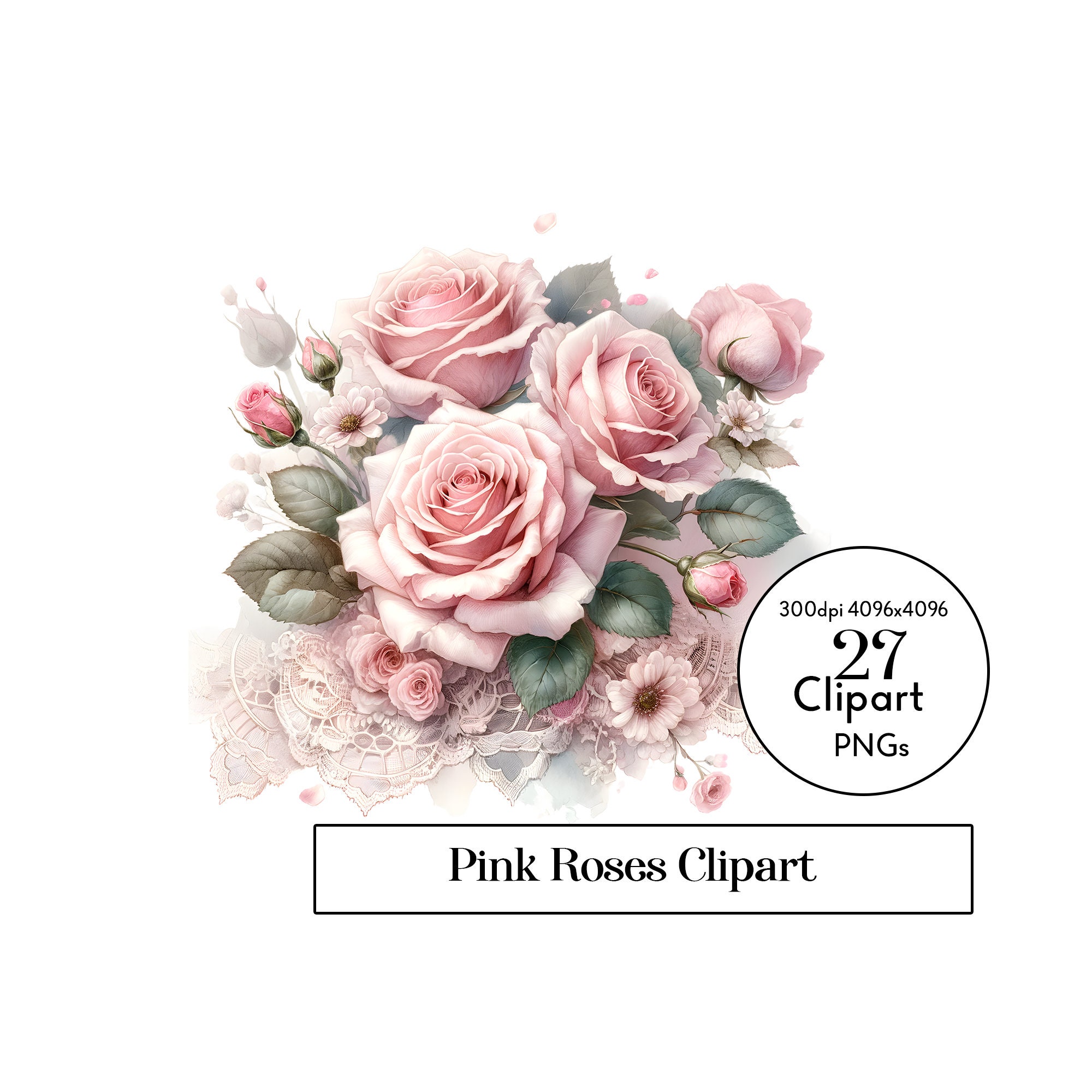 Pink Roses Watercolor Clipart - Set of 27 Elegant Pngs, Wedding ...