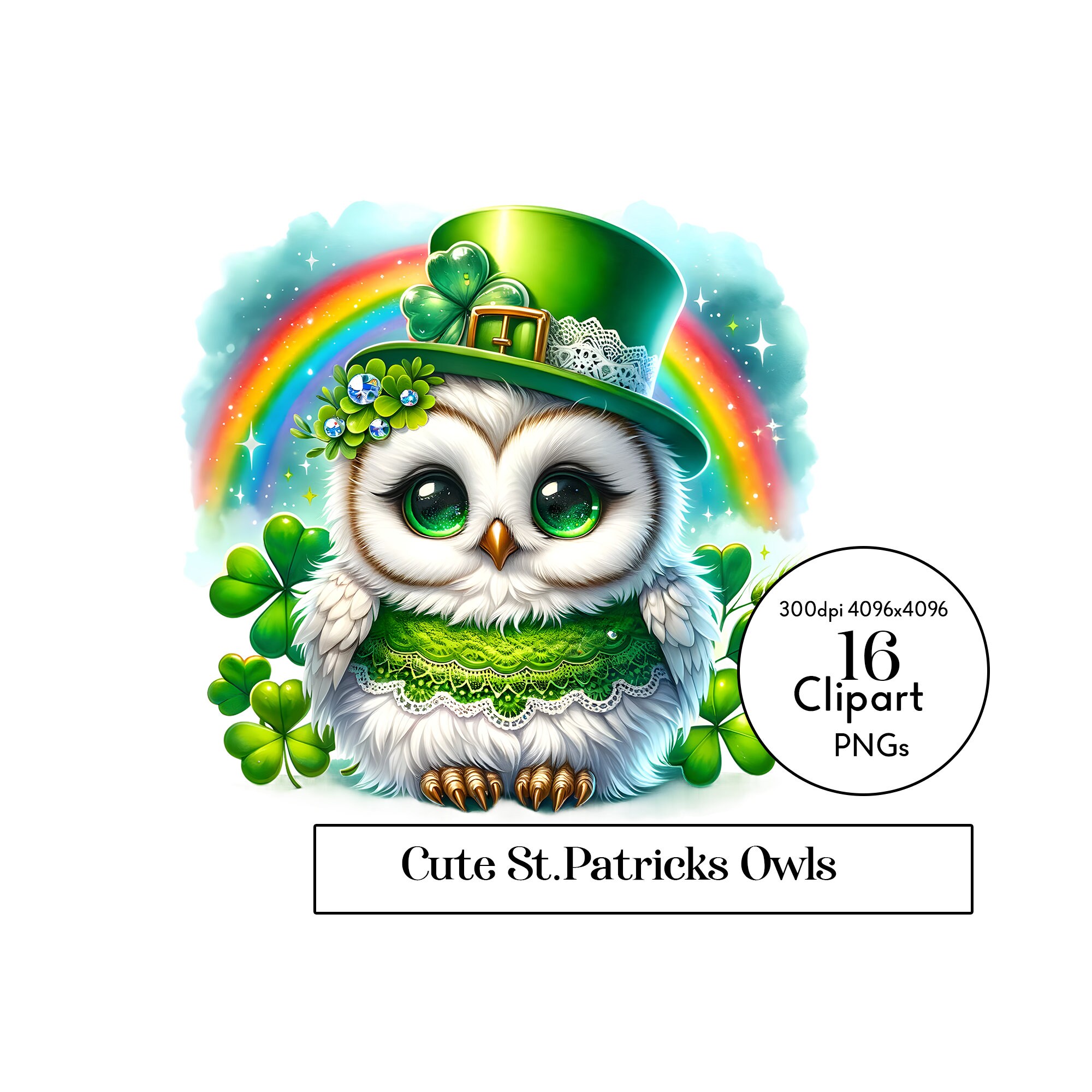 Adorable St. Patrick's Day Owls: 16 PNGs Watercolor Clipart for Festive Holiday Designs, cards, 