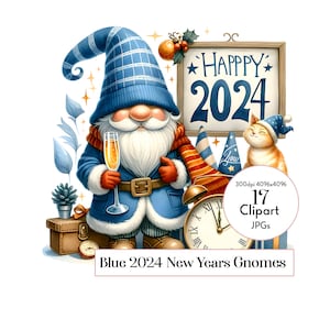 Blue Gnomes 2024 New Year’s Clipart - 17 JPGS, Illustrations festives pour les célébrations, planificateur, journal indésirable, autocollants, tasses, cartes et plus encore