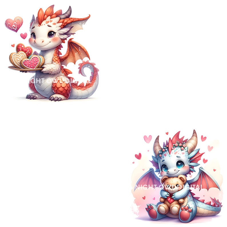 Cute Valentines Dragon Clipart - Set of 18 Adorable JPG Illustrations ...