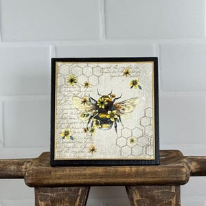 Bumble Bee Canvas print on Wood: 5x5 Farmhouse Shelf or Tray Decor