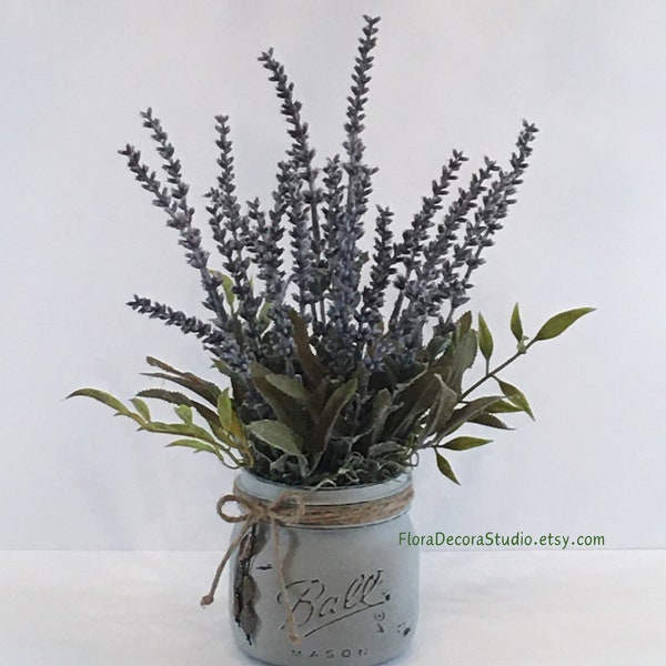 Lavender Arrangement in a Gray Mason Jar, Farmhouse Floral, Artificial Botanical, Faux Herbs