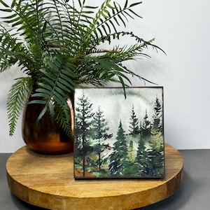 Woodland Tree Art: Watercolor Pine Forest Print on 5x5 Wood Block