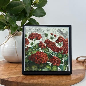 May include: A square black box with a floral design featuring red geraniums and green leaves. The design includes the word "Paris" and other French text. The box is on a wooden surface.
