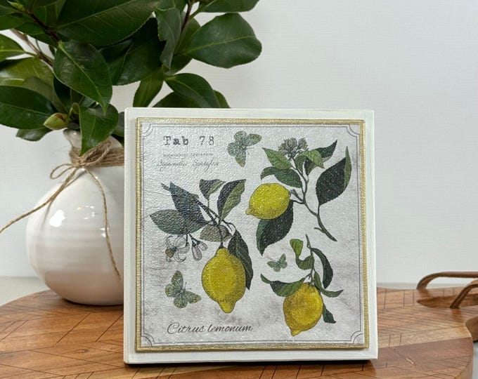 Lemon Botanical Canvas Print: French Country Kitchen Decor, 5.5" Wood Art Tile