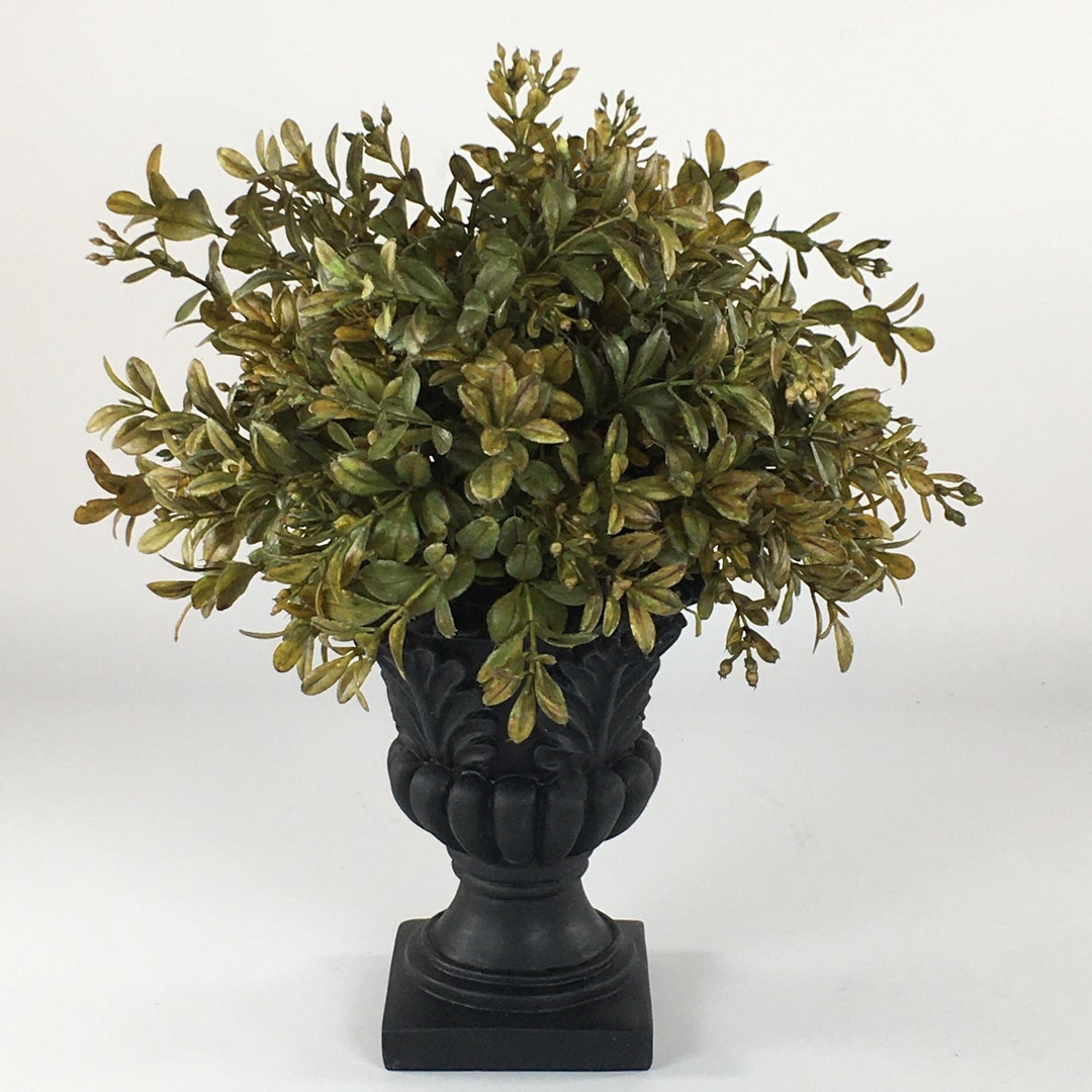 Boxwood Topiary in Urn, Faux Greenery Arrangement for Mantle, Shelf, Side Table. Traditional