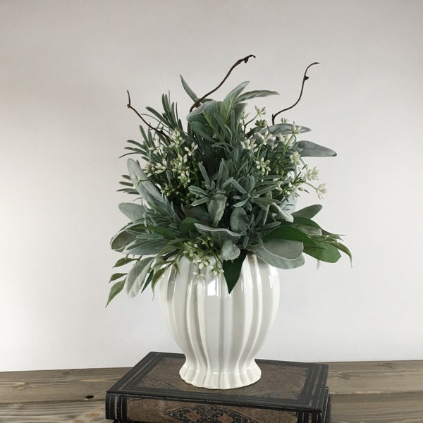 Lambs Ear Greenery Arrangement in White Ceramic Vase. Modern Farmhouse, Cottage Decor. Mantle, kitchen table or coffee table faux plant.