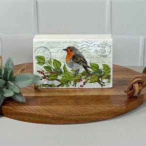 Bird Print Wood Block Sign. Cottage Style Mini Art Block for Tiered Tray, Bookshelf, Desk. Small Space Art Decor, Gift for Bird Collectors
