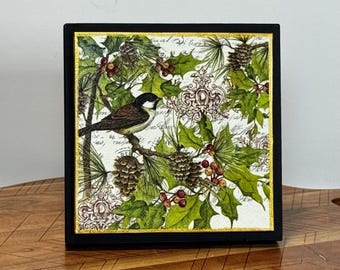 Winter Bird Canvas Print: Vintage Style Art Block with Stand
