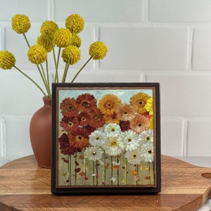 Daisy Canvas Print with Stand:  5x5 Art for Bookshelf or Tiered Tray - Small Boho Home Decor Gift.