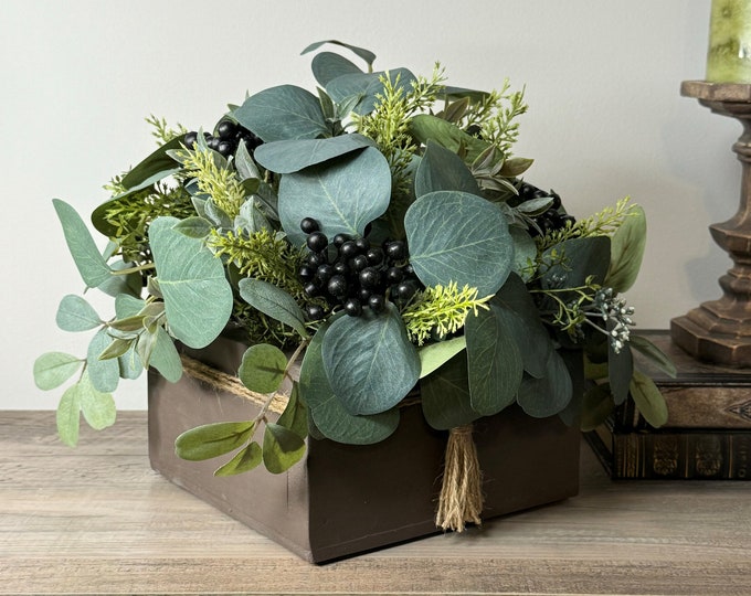 Box Greenery Modern Farmhouse Greenery Arrangement Eucalyptus in Wood Planter Box ...