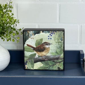 Bird Botanical Print 5x5 Wood Sign. Woodland Nature Art for Shelf, Mantle, Desk. Dark Cottagecore Decor. Unique gift for Bird Collectors