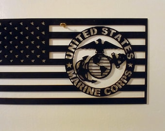 Laser Cut USMC Desk Flag: Hand-Painted Wooden Marine Corps Tribute