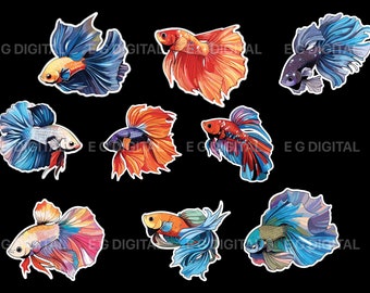 Cute Betta Fish Stickers Digital PNG Sticker Sheets, 13 Different Designs, Sticker Pack Bundles Instant Download