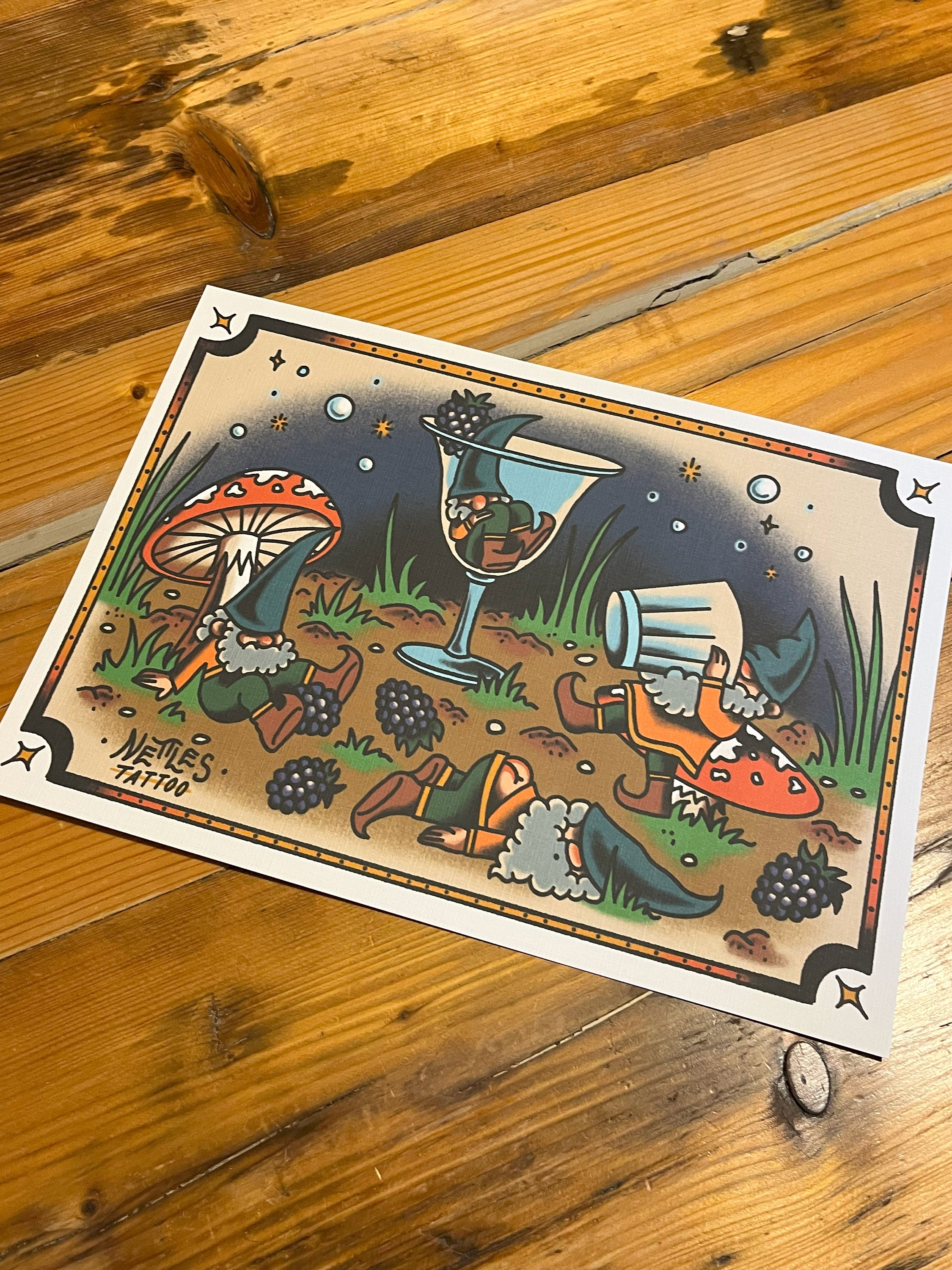 Gnome Party A4 Traditional Tattoo Flash Print - Etsy