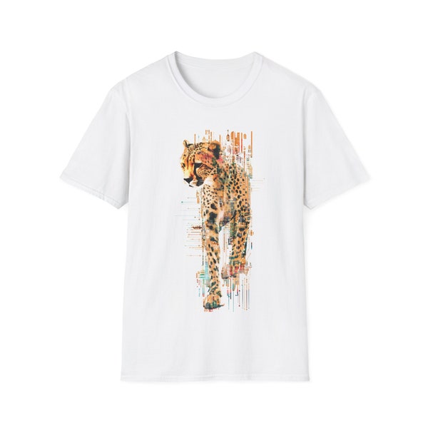 Unisex Softstyle T-Shirt,cheetah glitch shirt, circuit bending tee, wildlife tech top, high-tech animal wear, nature technology apparel