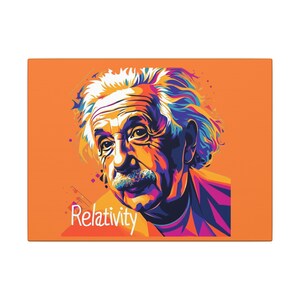 Impresión de arte mural, Einstein, relatividad, ciencia, arte pop, decoración, aula, oficina, hogar, lienzo estirado, fondo naranja vibrante, único