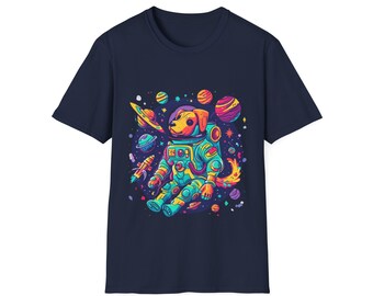 Unisex Softstyle T-Shirt,Space dog T-shirt, astronaut pet top, galaxy explorer tee, cosmic adventure apparel, whimsical astronaut