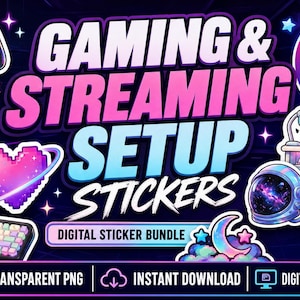 Gaming & Streaming Setup Digital Sticker Bundle, 100 Transparent PNGs