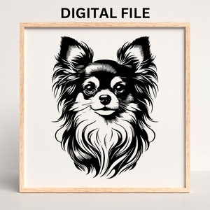 Könnte beinhalten: Schwarz-weiß-Linienkunst-Illustration eines Chihuahua-Hundes mit großen Ohren und einer flauschigen Mähne. Der Hund schaut direkt auf den Betrachter.