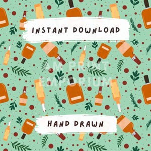 Puede incluir: Un patrón sin costuras con ilustraciones dibujadas a mano de botellas de licor marrón con hojas verdes y puntos marrones sobre un fondo verde claro. El texto "INSTANT DOWNLOAD" y "HAND DRAWN" está escrito en blanco sobre un fondo blanco con un efecto de pincelada.
