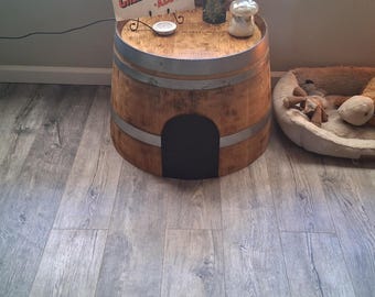 Half wine barrel end table dog or cat house