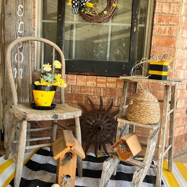 Bee Decor Set, Bumble Bee Collector, Bee Wreath, Bee Flower Pot, Set of 4, Teachers Gift, Patio and Entry Decor, Matching Bee Set, Unique