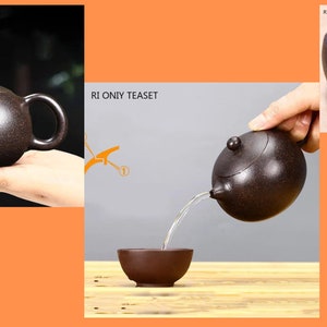 May include: A brown ceramic teapot with a lid and a handle. The teapot is being poured into a brown ceramic bowl. The text "RI ONIY TEASET" is visible in the image.