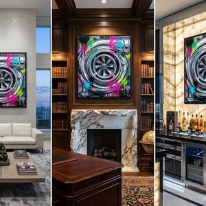 May include: A square framed wall art piece featuring a detailed illustration of a metallic turbocharger engine component. The artwork is accented with vibrant, splattered neon pink, blue, and green paint drips against a dark background.