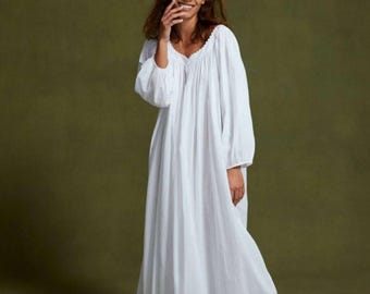 100% biologisch puur katoenen vrouwen dragen Victoriaanse nachtjapon Nachtkleding wit nachthemd lange mouwen nachtjapon loungewear-jurk