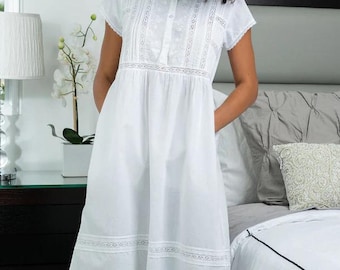 Camisola feminina vitoriana em puro algodão, roupa de dormir feminina branca, camisola de manga curta para usar em casa.