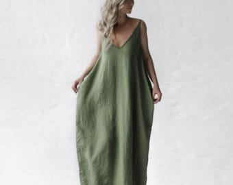 Pure Linen Sleeveless Nightgown | Long Summer Dress | Women's 100% Flax Linen Sleepwear | Cottagecore Loungewear