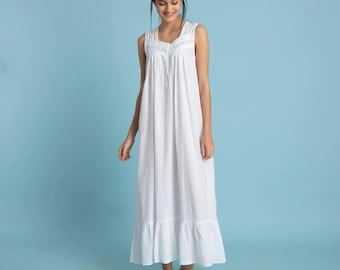 100% Pure cotton women nightdress Victorian feminine white nightgown sleepwear long nightie sleeveless chemise dress