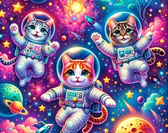 May include: A colourful illustration depicts three cartoon cats in astronaut suits floating in space. The cats, with different fur patterns, are surrounded by planets, stars, and rockets against a vibrant nebula background. The image has a whimsical and playful theme.