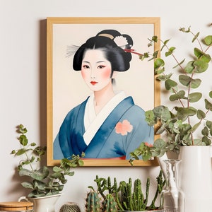Japanese Woman in Blue Kimono Wall Print, Vintage Japanese Poster,  Japanese Ancient Watercolor Woman Printable Wall Art, Digital Download