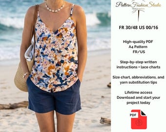 Floral Button Front Camisole Sewing Pattern – Women’s Summer Top PDF Pattern – Easy Strap Blouse Pattern Digital Sewing Pattern 30/48 00/16