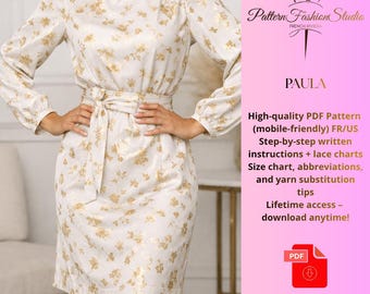Long Sleeve Dress Digital Sewing Pattern PDF – Belted Elegant Women’s Dress – Easy Shift Dress Pattern size 34/56