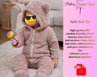 Baby Bear Onesie Digital Sewing Pattern PDF – Hooded Animal Romper for Infants – Easy Sewing US/FR