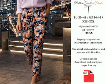 Slim Fit Pants Digital Sewing Pattern PDF – Women’s Ankle Cigarette Trousers High Waist – Easy Sewing Size FR 34/56 US 24/46