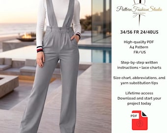 Wide Leg Boho Jumpsuit Digital Sewing Pattern PDF – Women’s Beige Overalls – Loose Fit Sewing Pattern, 36/56 24/40 FR/US