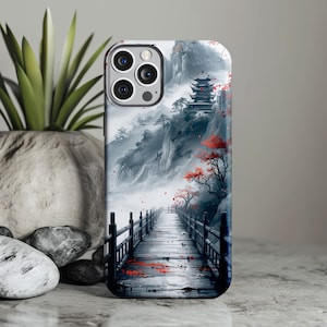 Japanese Mountain Art Tough Phone Case, Beautiful Aesthetic Cover fits iPhone 15, 14, 13, 12+, Samsung S23, S22+, Pixel 5, 6, 7 | 0299