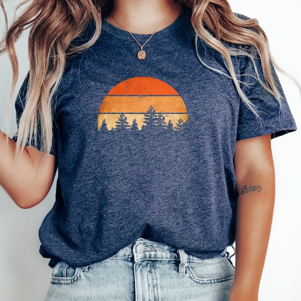 Vintage Sunset Forest TShirt, Retro Camping Vacation Shirt, Wilderness Hiking Shirt for Nature Lovers | 0460