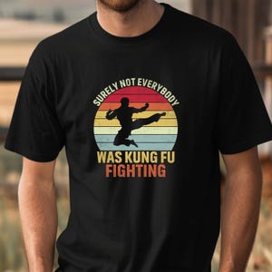 May include: Black t-shirt featuring a retro design with a silhouette of a martial artist kicking. The text reads "Surely Not Everybody Was Kung Fu Fighting" in a circular design with a sunset background.