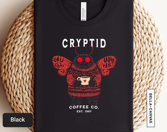 Cryptid Coffee Shirt, West Virginia Mothman T-Shirt, Vintage Mothman, Cryptid Gift, Urban Legend, Funny Monster Shirt, Moth Man Tee | 0913