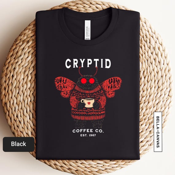 Cryptid Coffee Shirt, West Virginia Mothman T-Shirt, Vintage Mothman, Cryptid Gift, Urban Legend, Funny Monster Shirt, Moth Man Tee | 0913