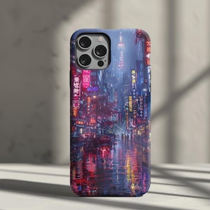 Cyberpunk Cityscape robuste Handyhülle, futuristische Aquamarine Grunge Vibes für iPhone 15, 14, 13, 12+, Samsung S23, S22+, Pixel 5, 6, 7 0268