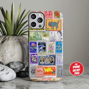 Funda para teléfono con collage de sellos vintage, colección de sellos postales, para iPhone 15, 14, 13, 12, 11, Galaxy S24, S23, S22, S21, Pixel 5-8 / 0673