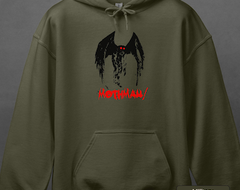 モスマンフード付きスウェットシャツ、クリプティッド服、ユニセックスモスマンパーカー、都市伝説スウェットシャツ、不気味なクリプティッドシャツ | 0964