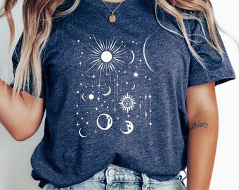 Vintage Himmlisches Shirt, Retro Sonne Mond und Sterne T-Shirt, Boho Weltraum und Stern Liebhaber TShirt | 0456